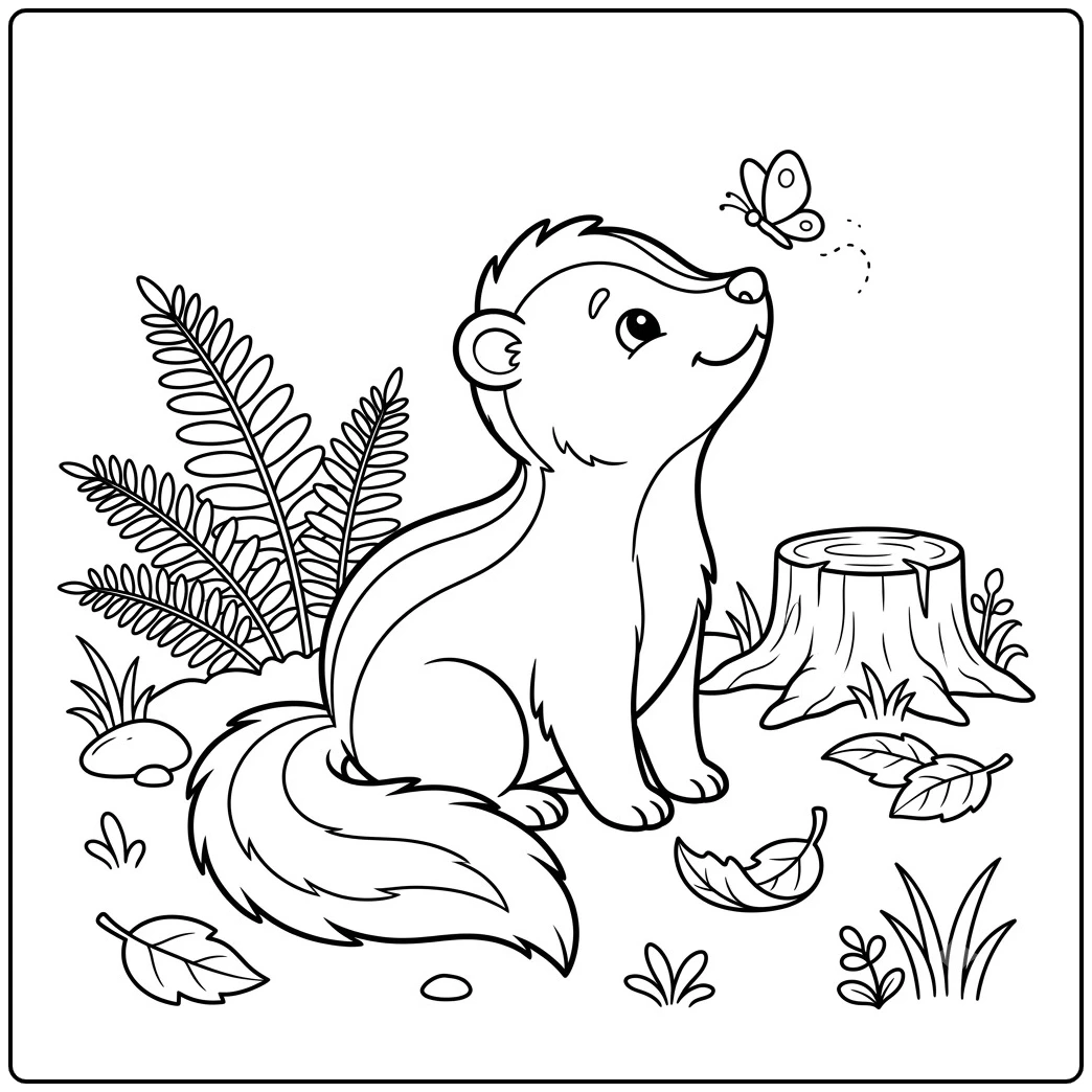 Young skunk sits beside ferns and watches a butterfly hover above its nose