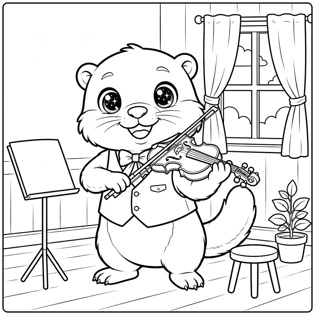 An otter musician performs on a violin beside a stand and curtained window.