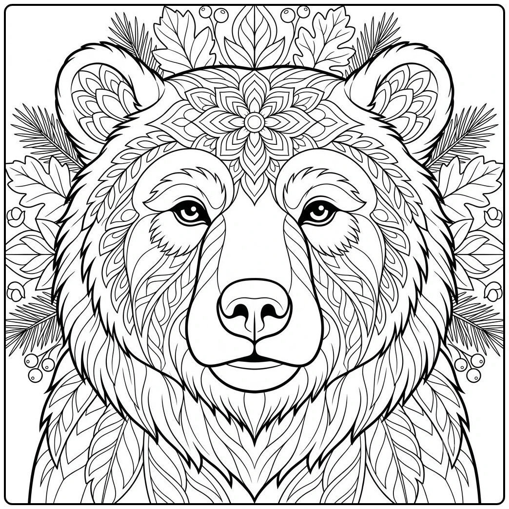 Bear mandala coloring page featuring a majestic face framed by leaves and pine branches