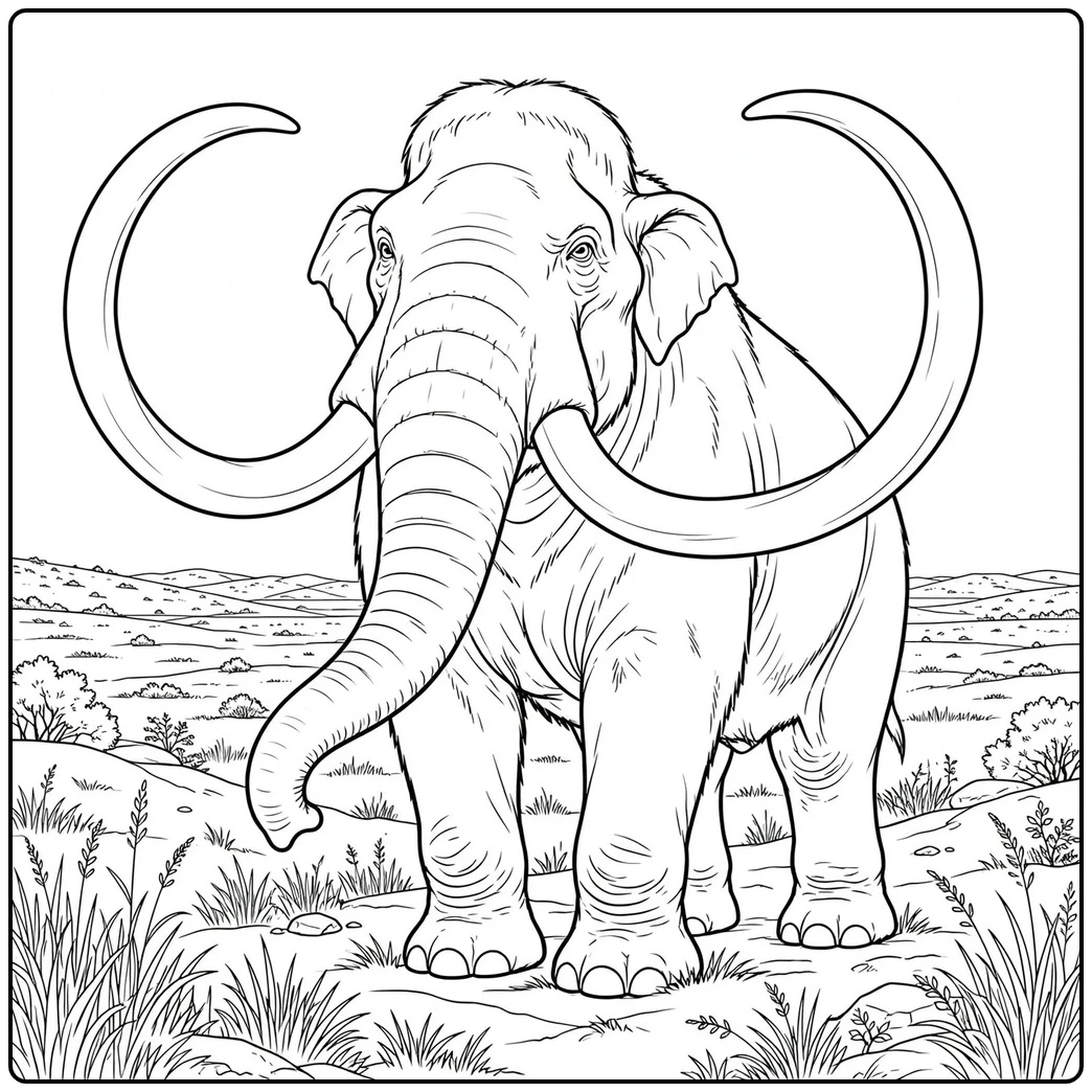 Realistic mammoth coloring page with enormous curved tusks in open grassland
