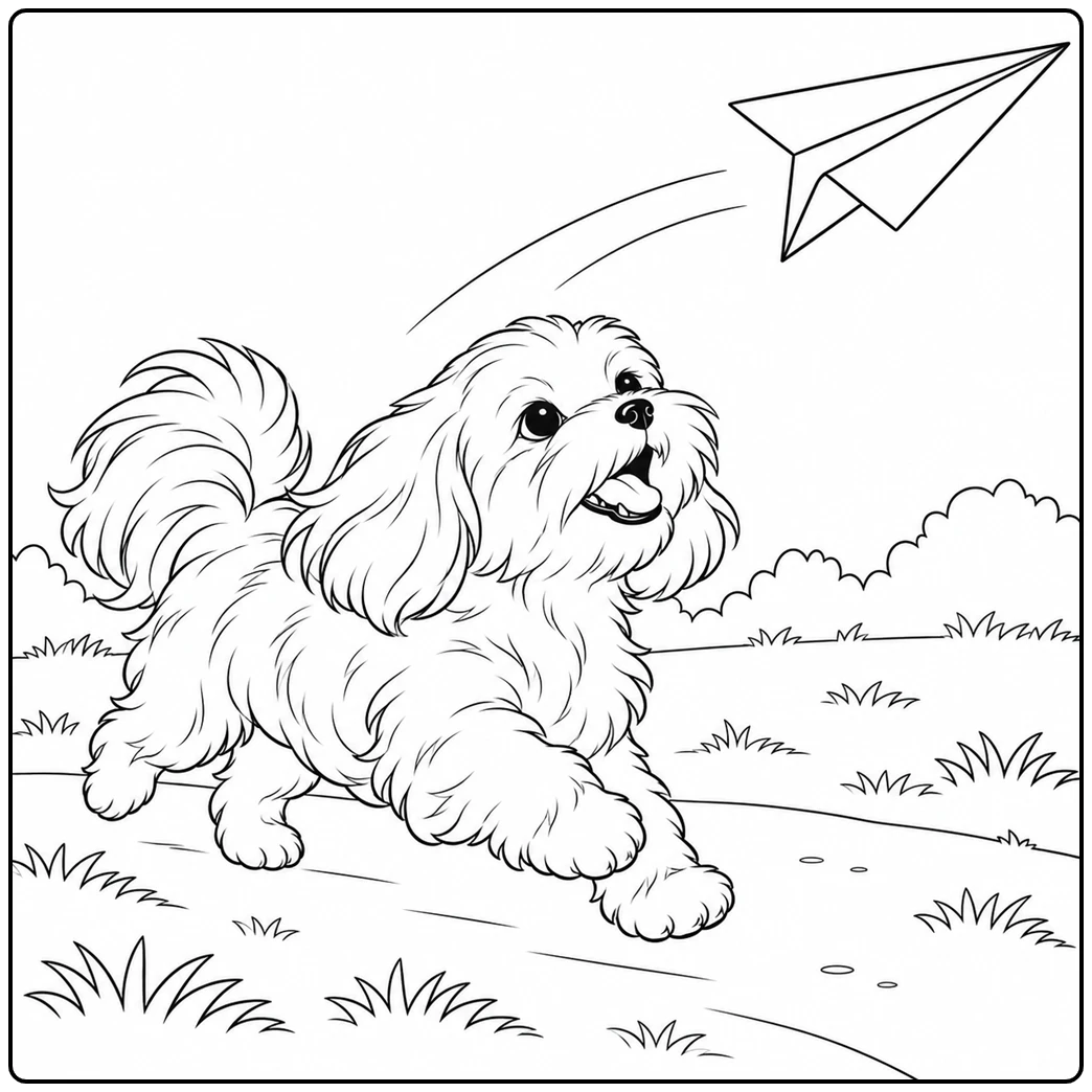Running puppy follows a paper airplane across the grass in this maltese coloring page