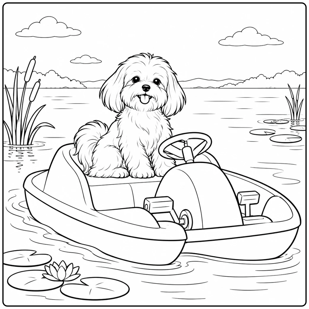 Happy Maltese sits in a pedal boat on a calm lake surrounded by reeds and lily pads