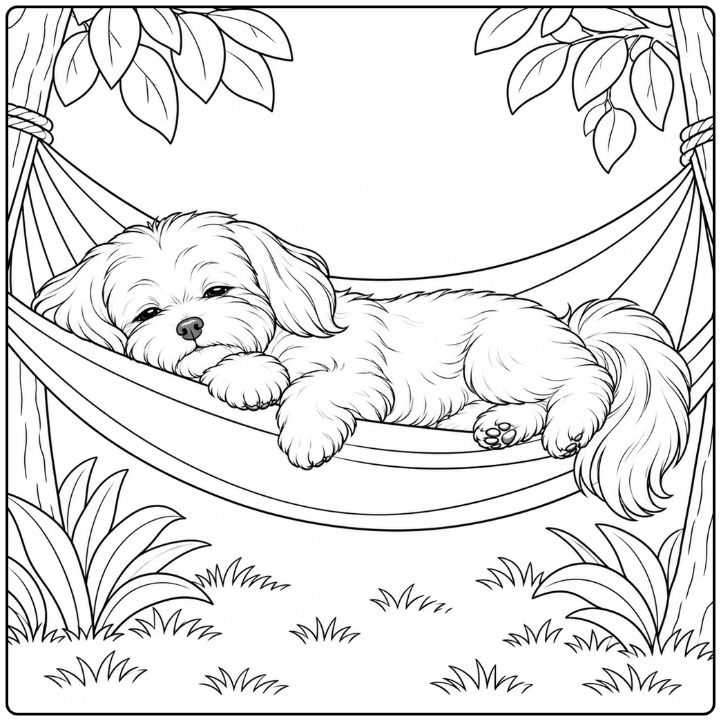 Sleepy Maltese rests in a hammock between two trees with its paws hanging over the edge