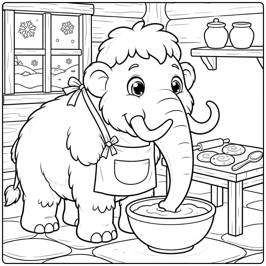 An apron-wearing woolly mammoth coloring page shows baking beside a bowl and cookies.