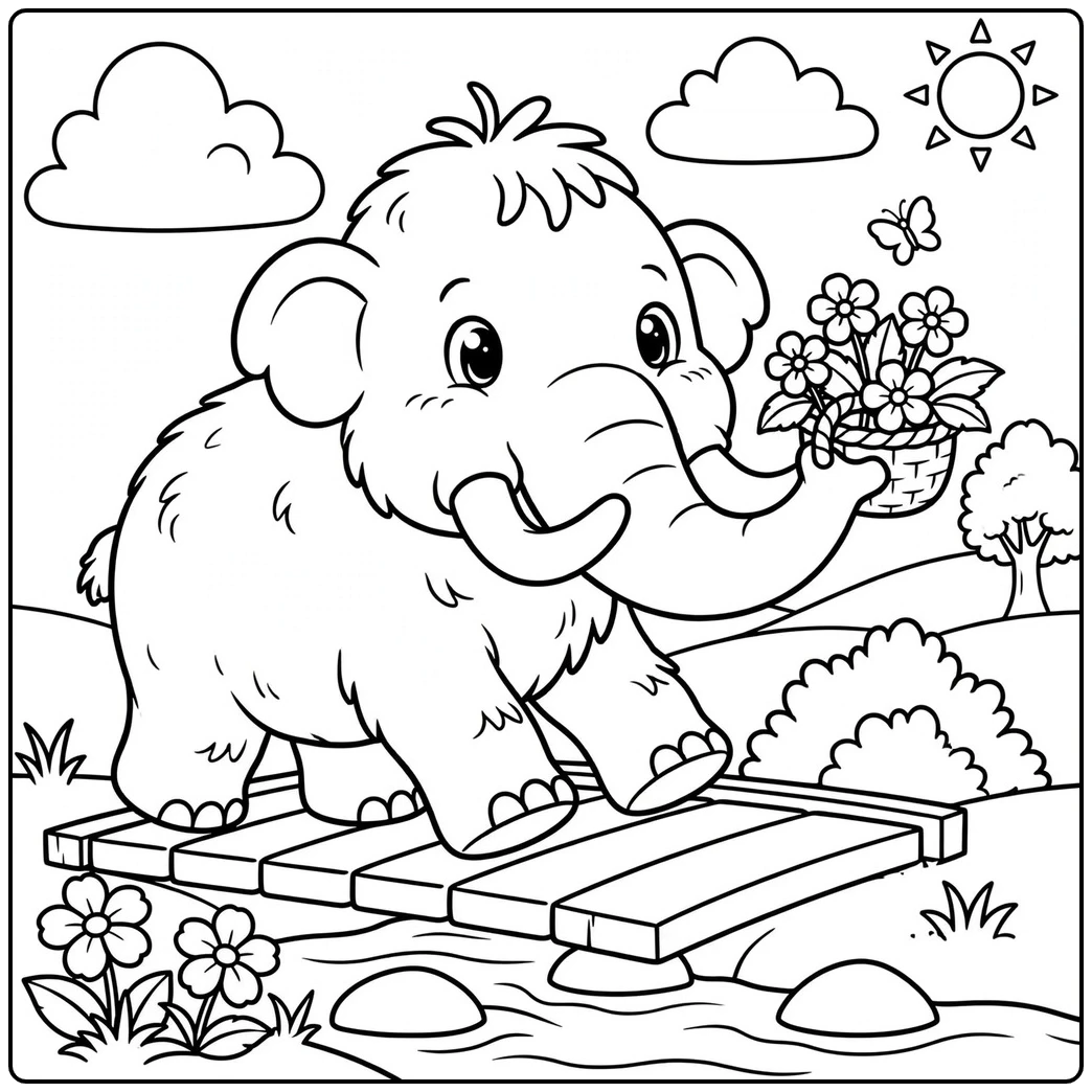 Happy mammoth coloring page crossing a wooden bridge with a basket of flowers