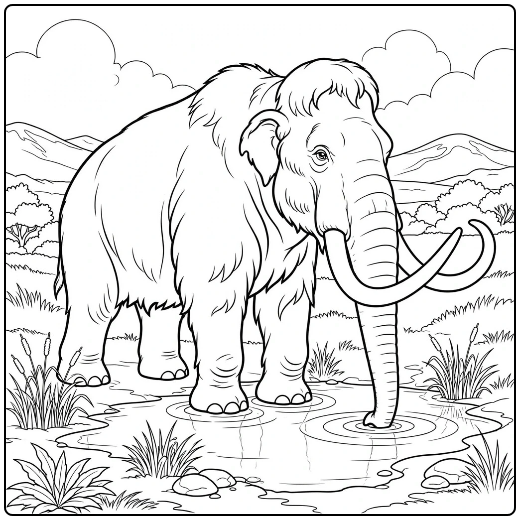 Realistic mammoth drinks from a shallow pond with reeds and distant hills
