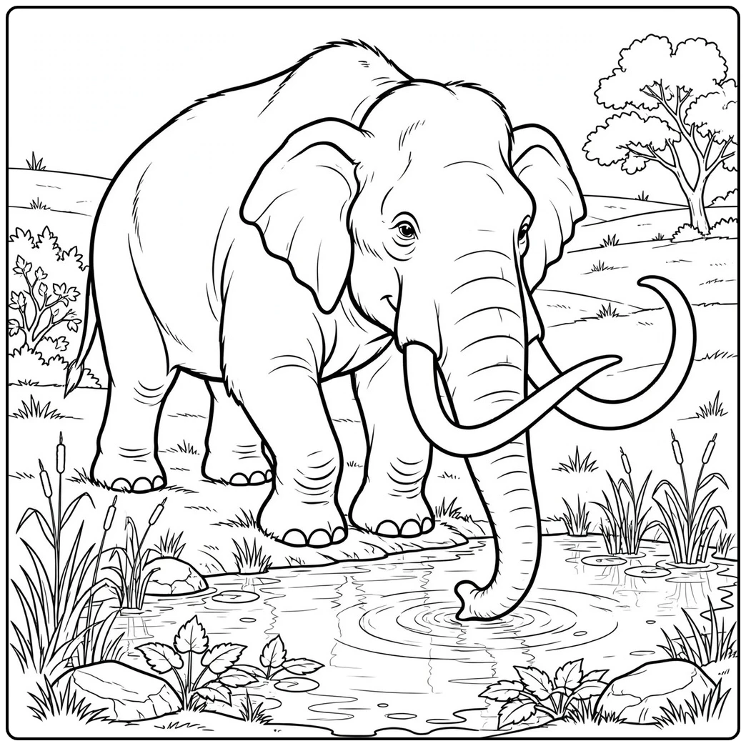 Large mammoth lowers its trunk into a pond surrounded by reeds, rocks, and grass