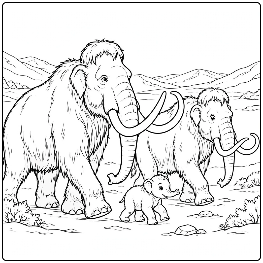 Two shaggy adult mammoths stand around a tiny calf on an open prehistoric plain
