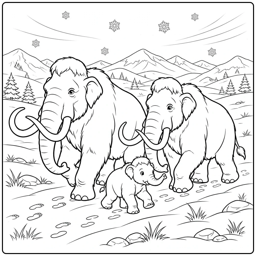 Two adults and a calf cross a mountain plain in this woolly mammoth coloring page.