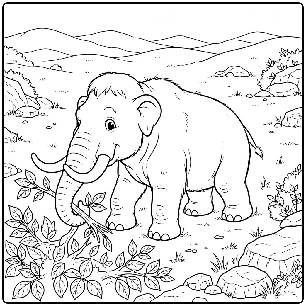 Mammoth pulls a leafy branch with its trunk among rocks, shrubs, and rolling hills