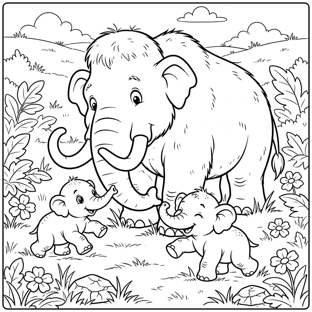 Adult mammoth plays with two tiny calves in a flower-filled grassy meadow