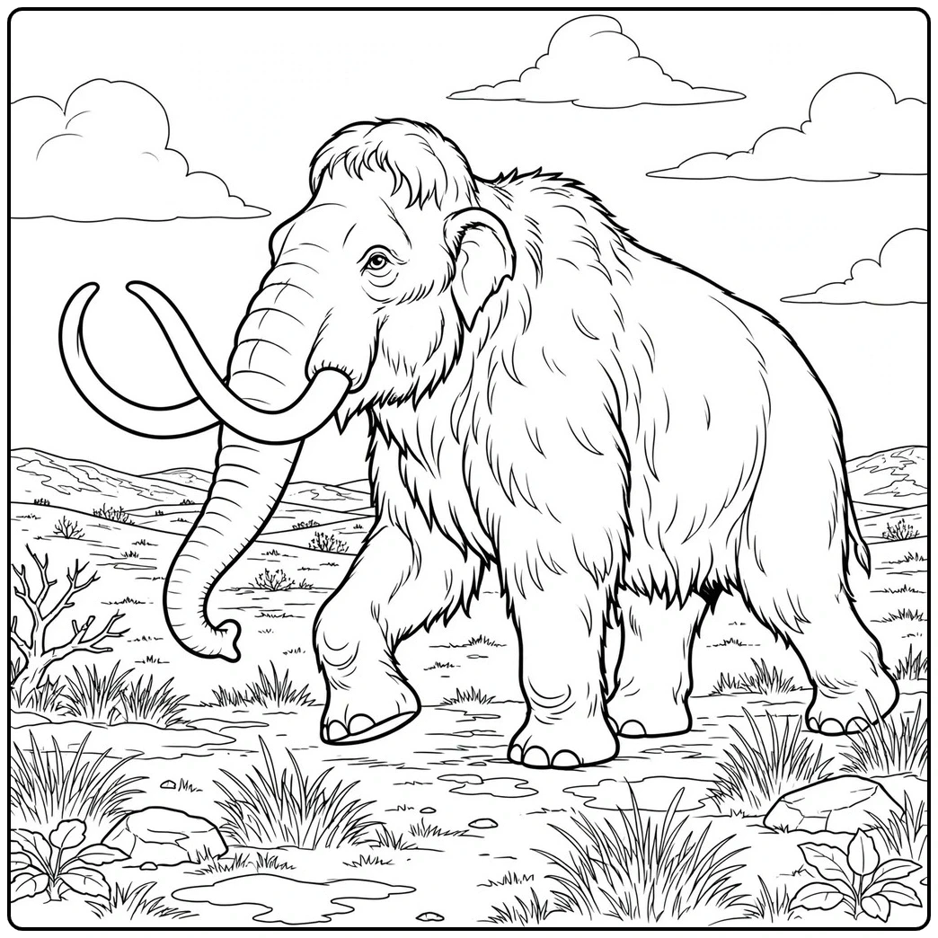 Realistic mammoth coloring page of a shaggy mammoth walking across open tundra