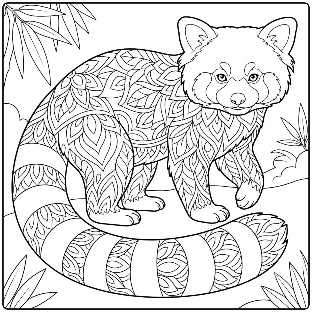 Mandala red panda coloring page with full-body floral patterns and a large ringed tail