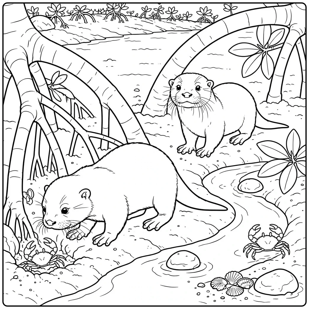 Two small-clawed otters explore mangrove roots in an otter coloring page with crabs.
