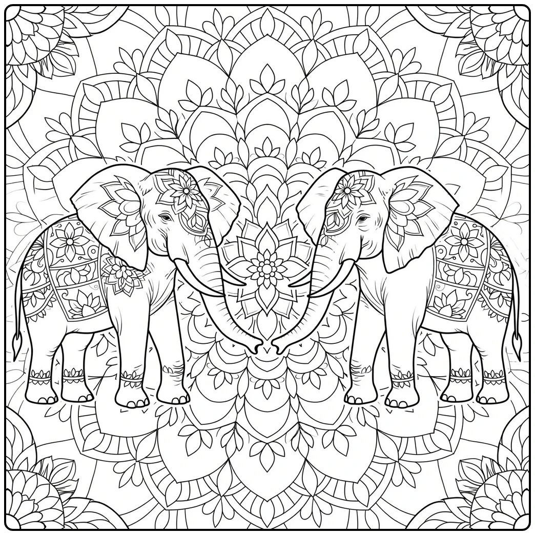 Two mirrored elephants face a central lotus within an ornate symmetrical mandala
