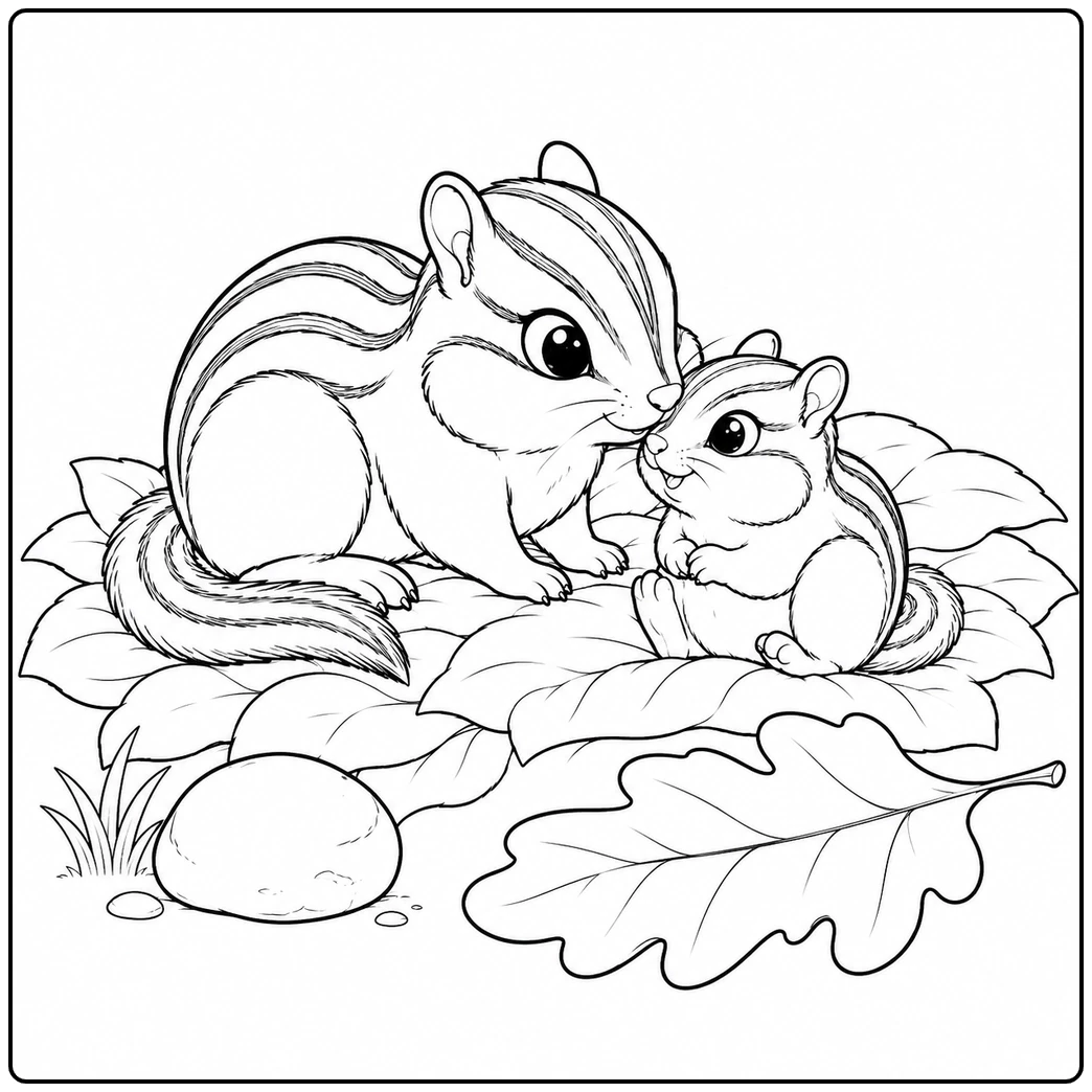 Mother chipmunk gently touching noses with her baby while resting on layered leaves