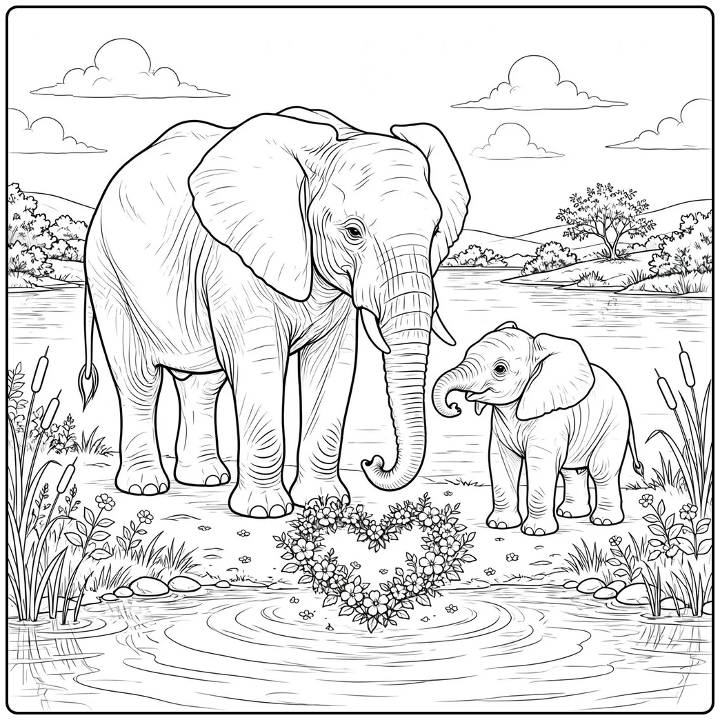 Mother and baby elephants stand by a lake near a heart-shaped wreath of flowers