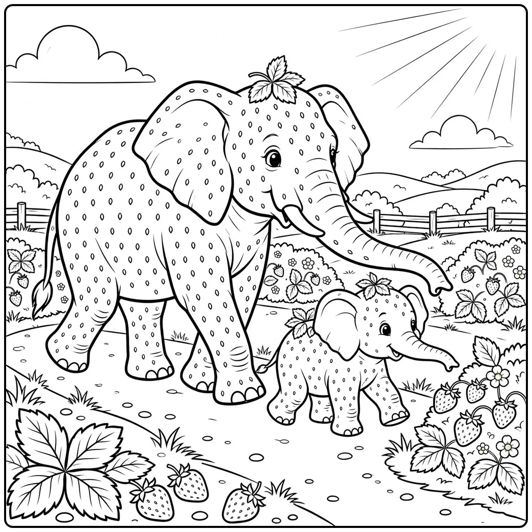 Mother and baby Strawberry Elephants walk a sunny path between berry plants and fences