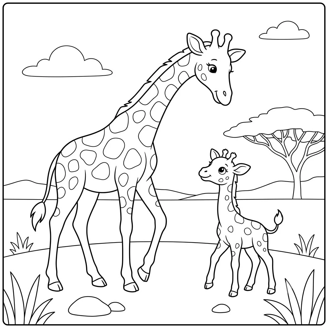 Mother and calf stand together on the savanna in a mom and baby giraffe coloring page.