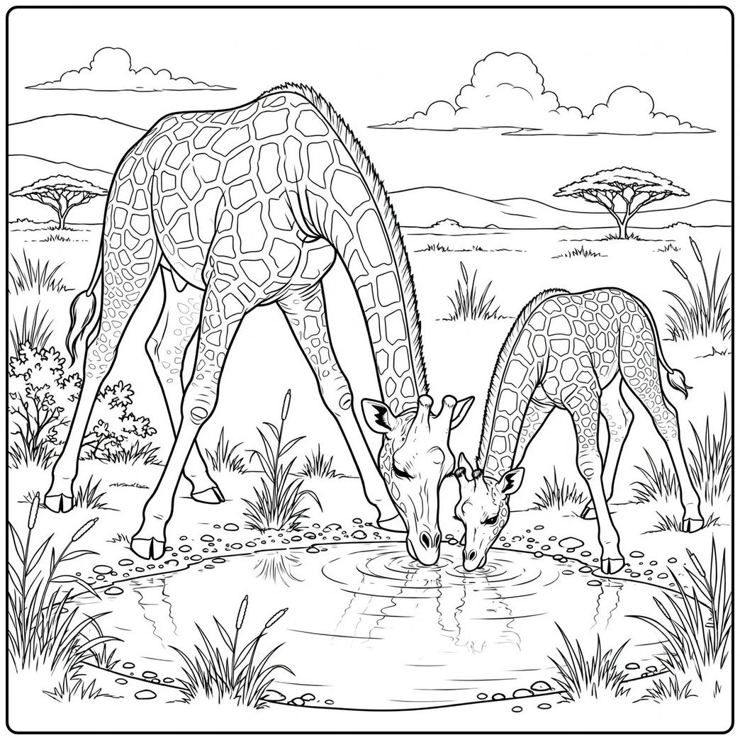 Mother and calf drink together at a pond in a realistic giraffe coloring page