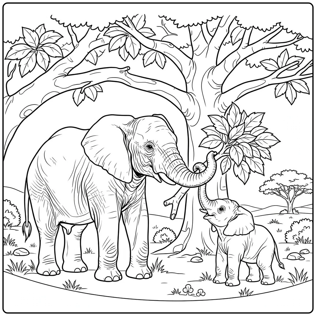 Mother and calf share leafy branches on this elephant coloring page beneath a large tree