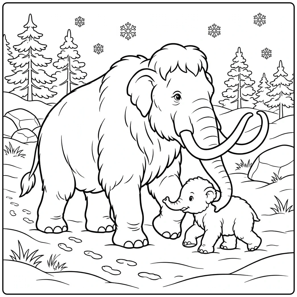 Mother mammoth walks beside her calf through snowy ground with pine trees nearby.
