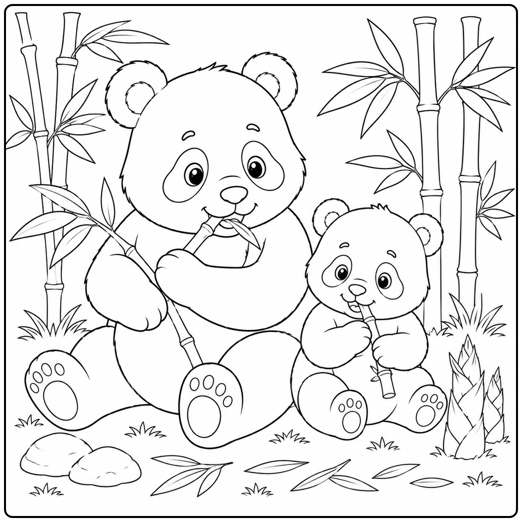 Mother panda and cub sit together eating bamboo among tall leafy stalks