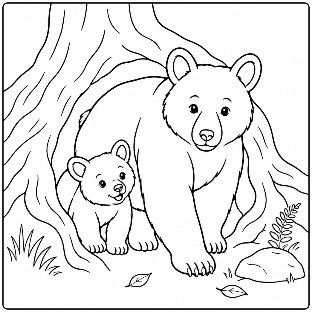Mother bear and cub step from a den beneath twisting tree roots
