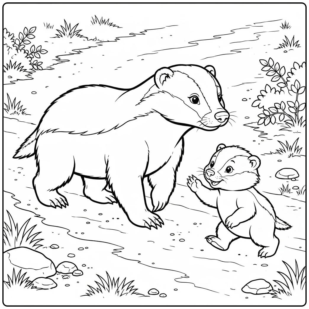 A mother honey badger walks beside her smiling cub along a rocky, grassy path.