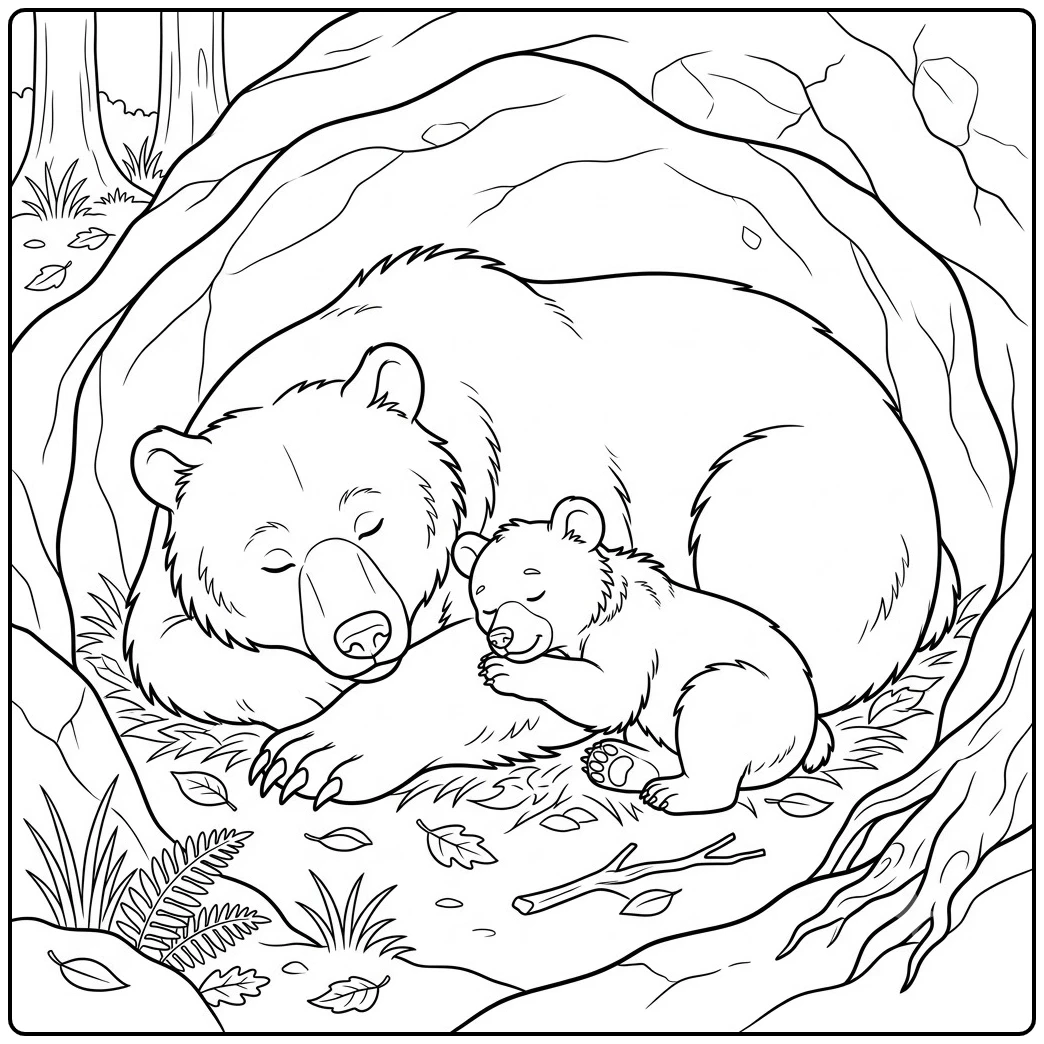 Mother and cub sleep together inside a rocky den on a brown bear coloring page