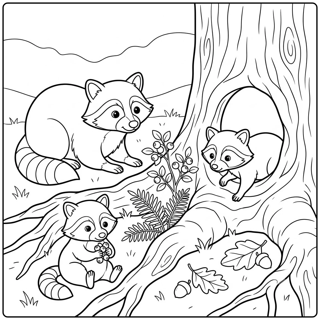 accoon family gathers near a tree hollow with berries and fallen acorns