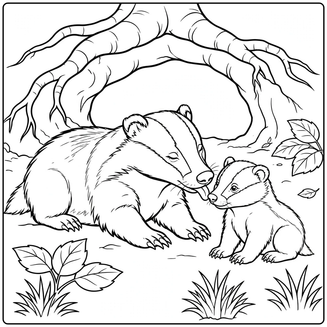 A mother badger grooms her cub under broad tree roots beside their woodland den.