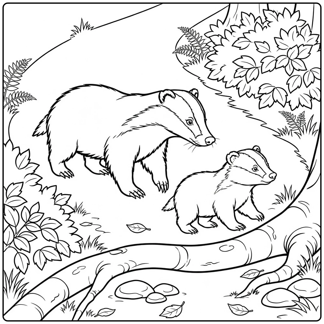 Mother and cub follow a woodland path in a badger coloring page with fallen branches.