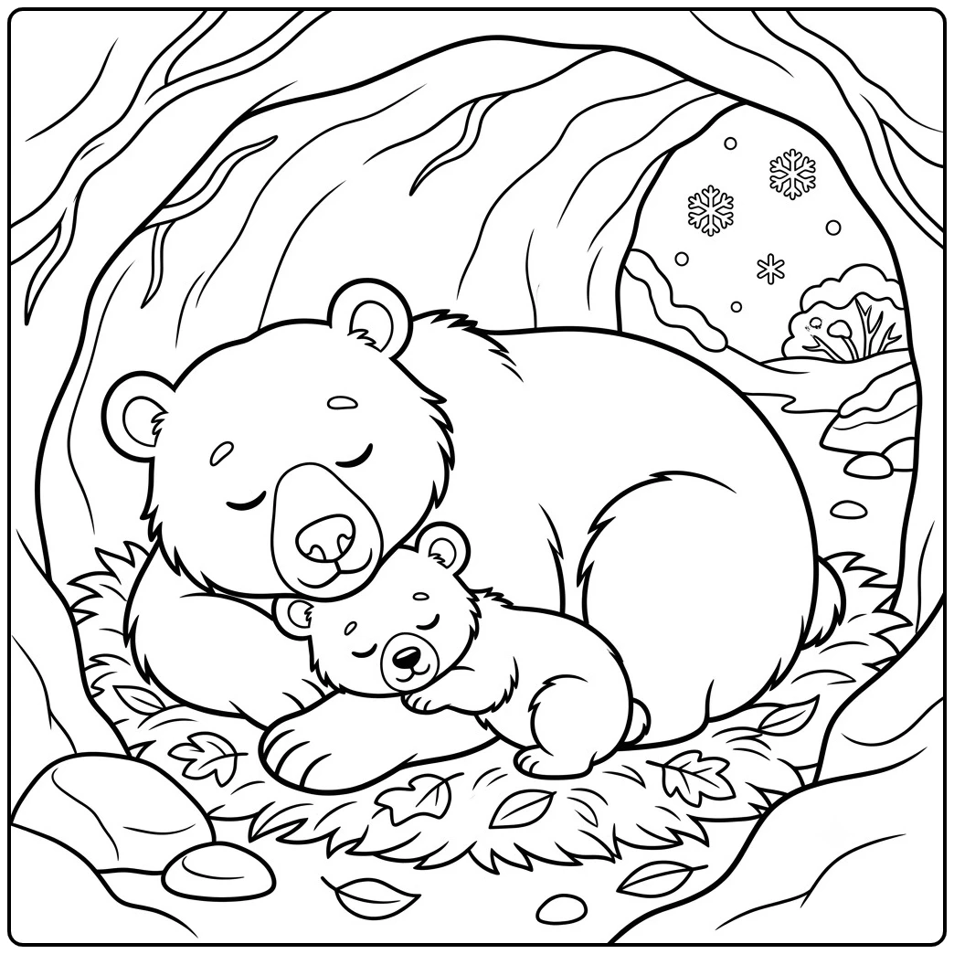Mother bear and cub sleep inside a cave in this sleeping bear coloring page with snow outside.