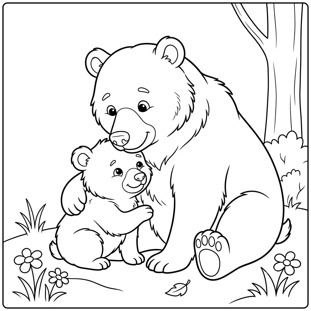 Mother bear gently hugs her cub beneath a tree beside small flowers in a quiet woodland.