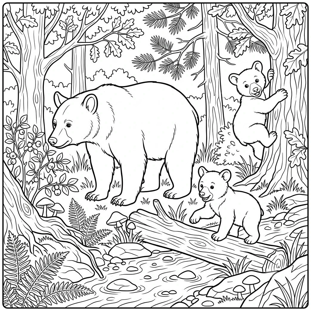 Mother and two cubs explore a forest stream in this black bear coloring page