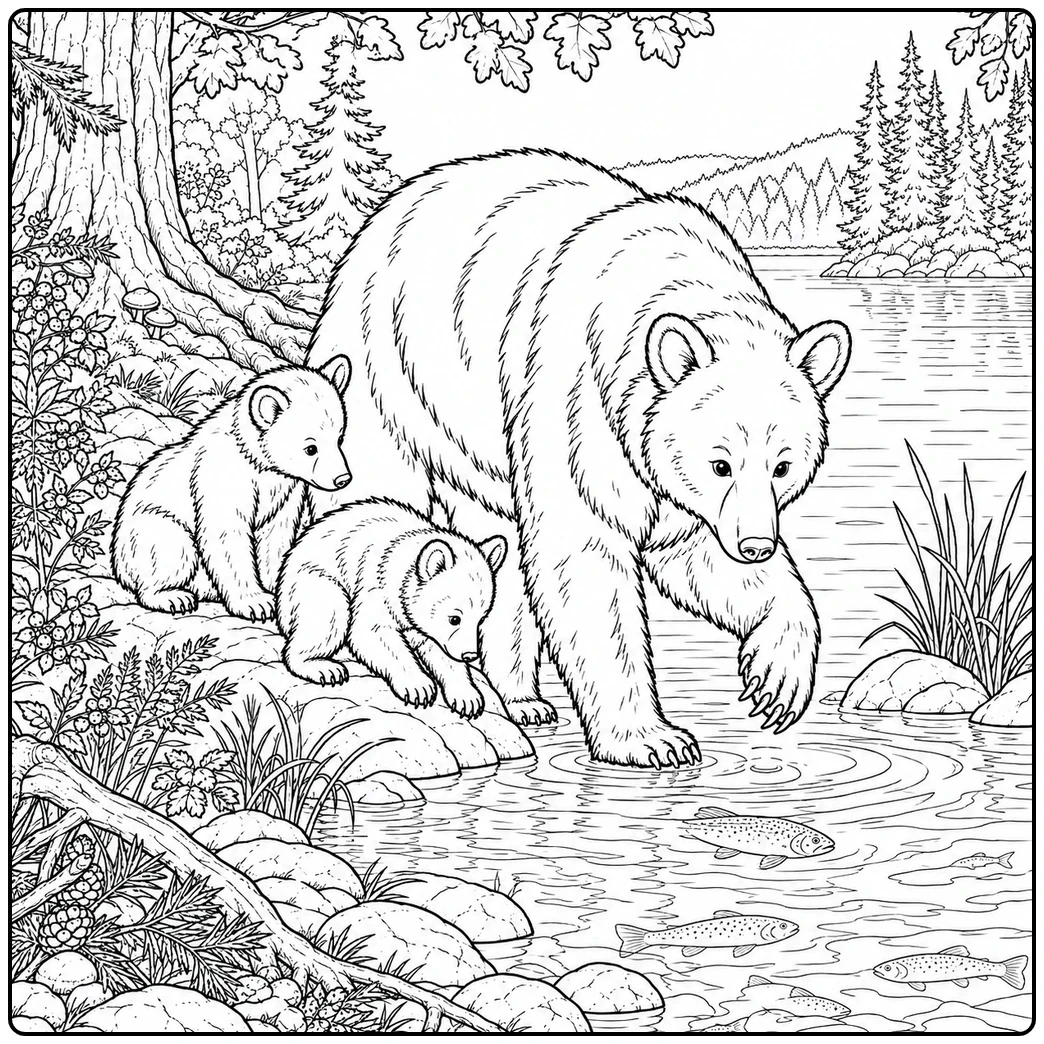 Mother and two cubs watch fish by a lake in this black bear coloring page