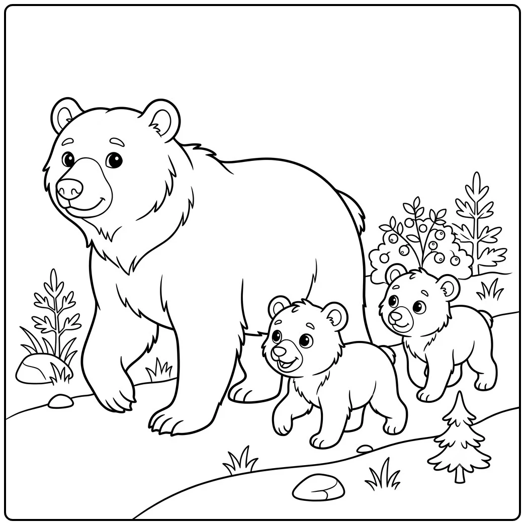 Large bear leads two cubs along a woodland path with bushes, rocks, and small trees.