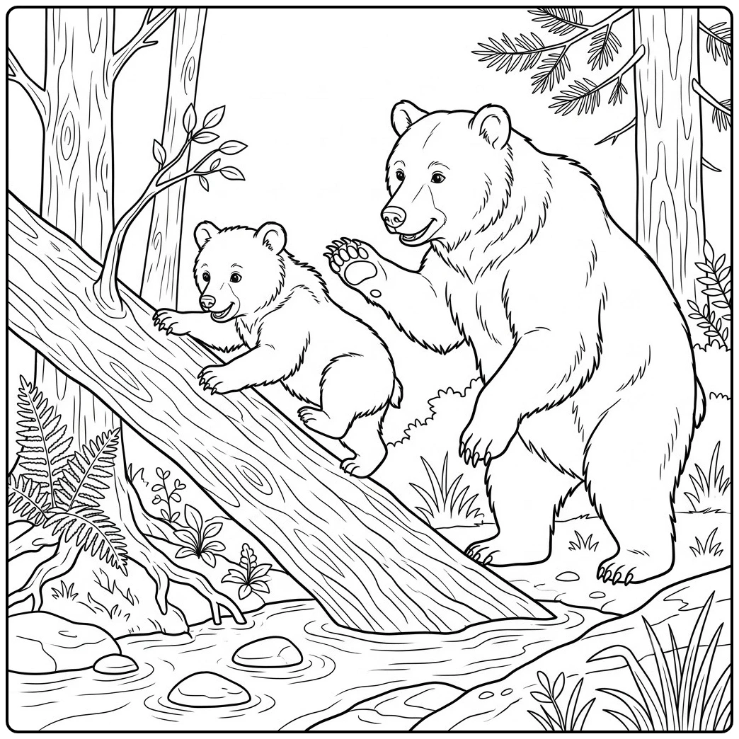 Mother bear guides her cub up a fallen log above a shallow woodland stream