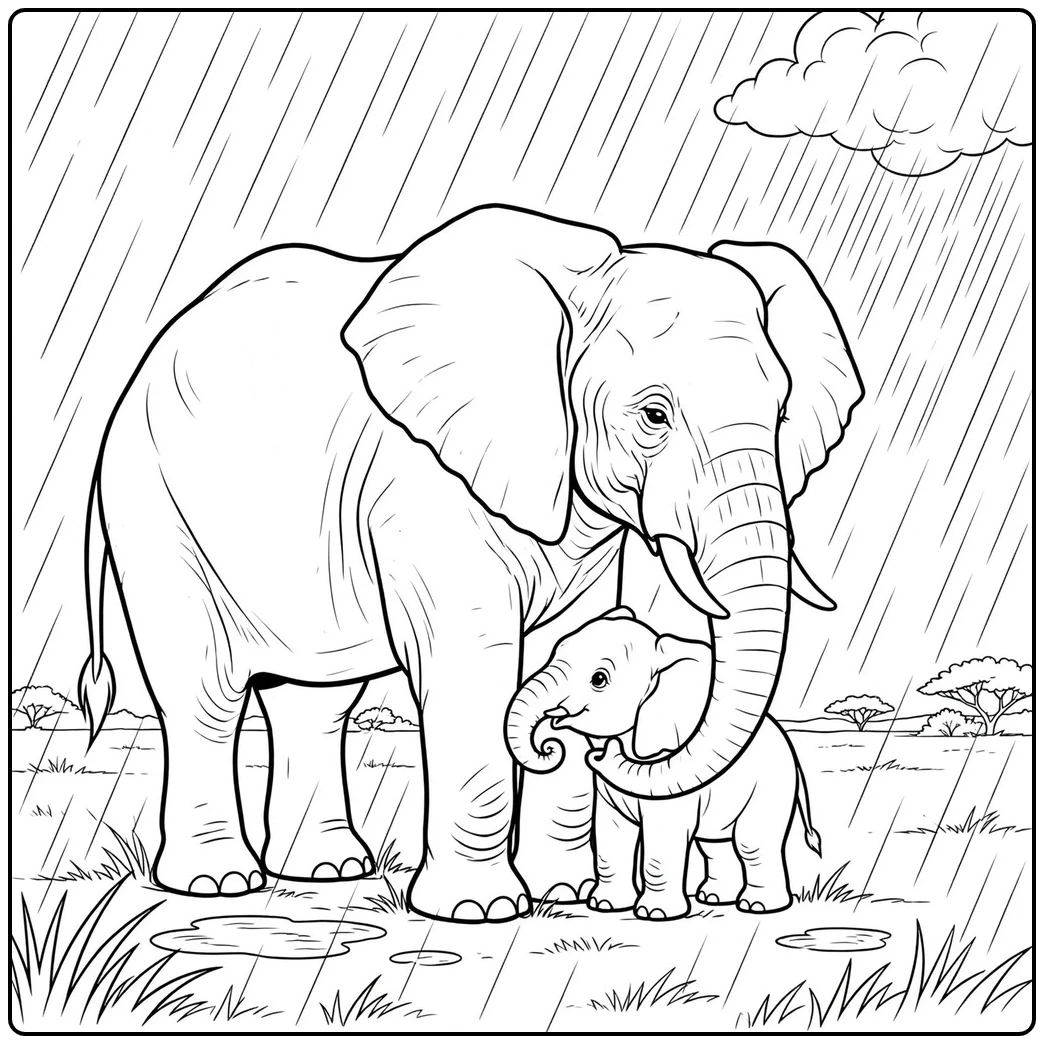Mother shelters her calf from rain in a mom and baby elephant coloring page