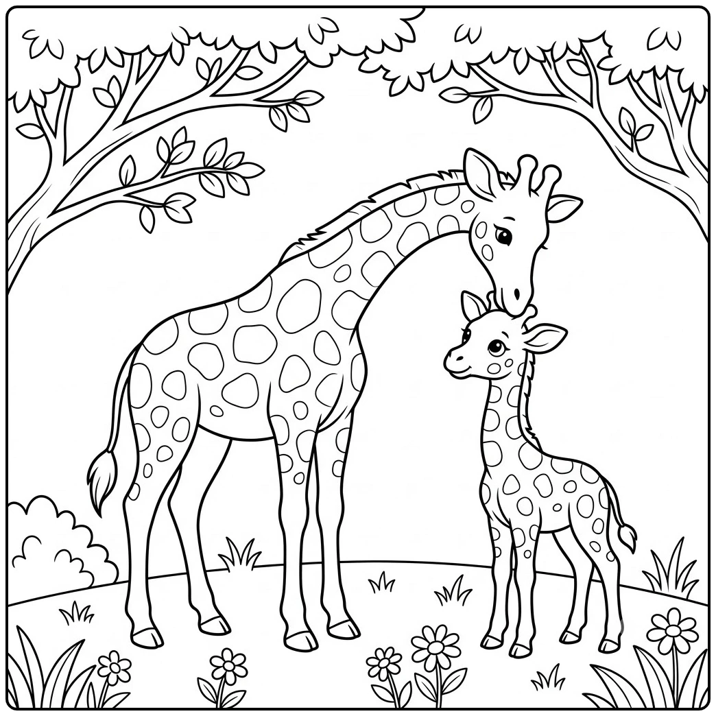 A mother gently nuzzles her young calf beneath leafy trees and simple flowers.