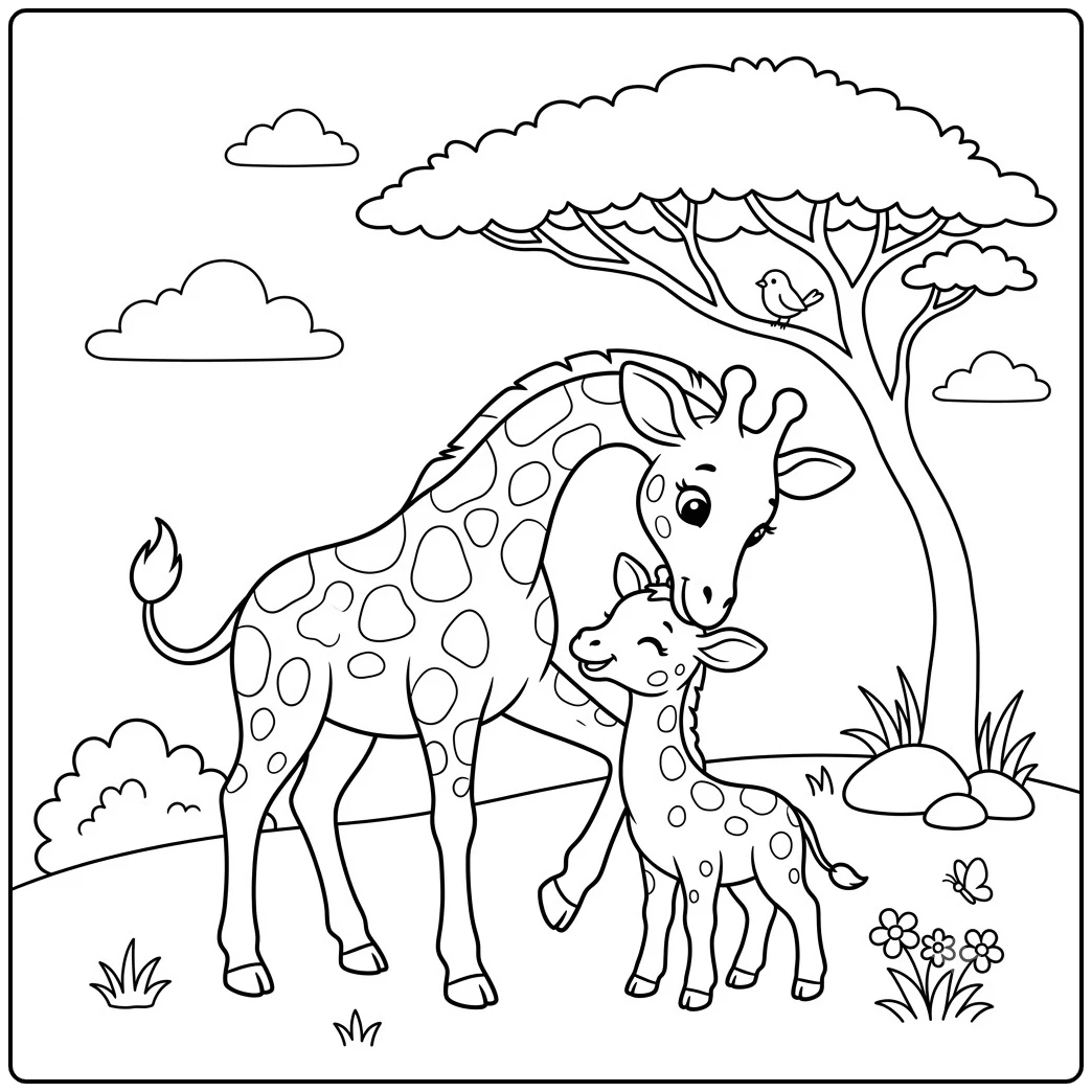 Mother giraffe lowers her head to lovingly nuzzle her calf beneath an acacia tree.