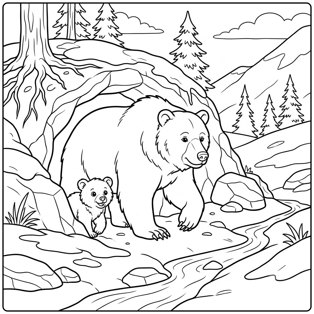Mother and cub emerge from a rocky den in a grizzly bear coloring page with a mountain stream