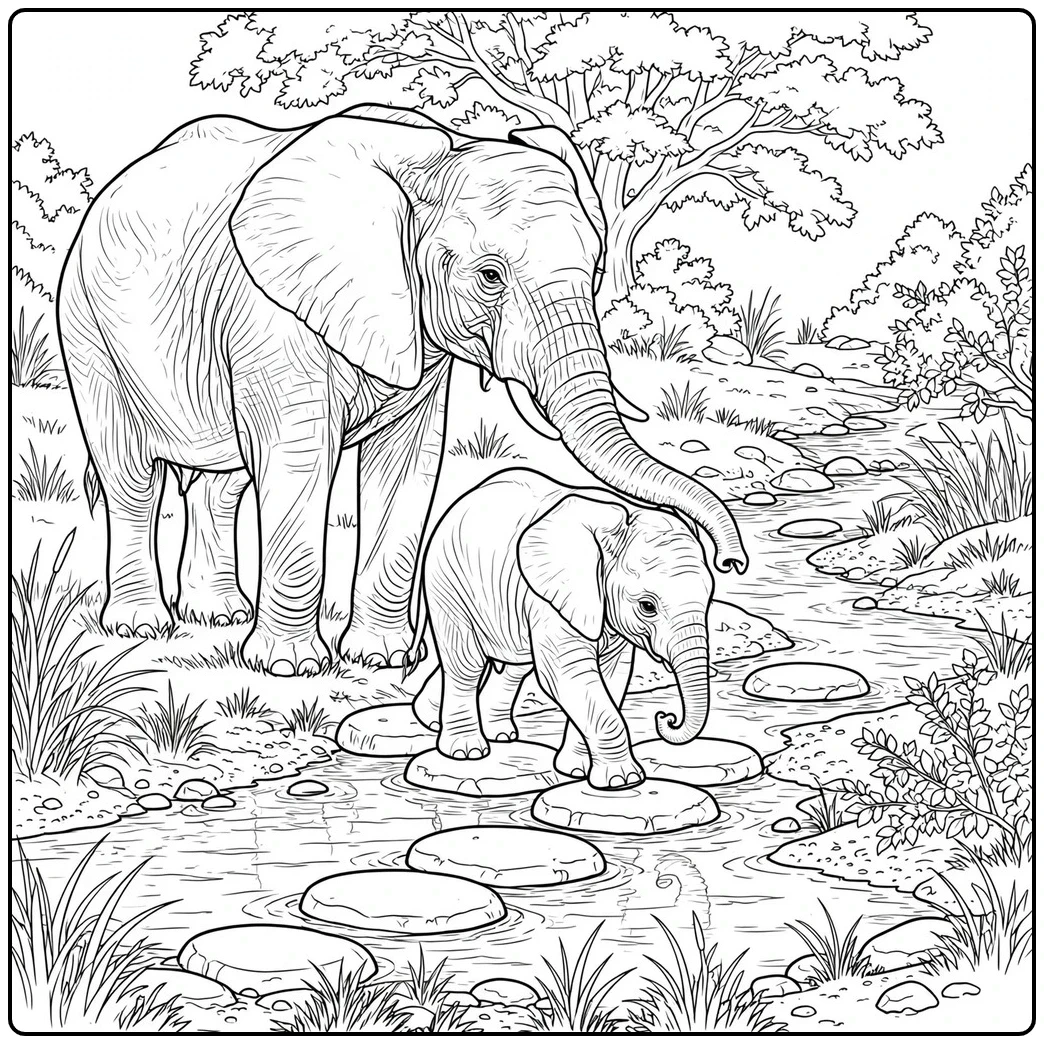 Mother elephant guides her calf across stepping stones in a shallow woodland stream