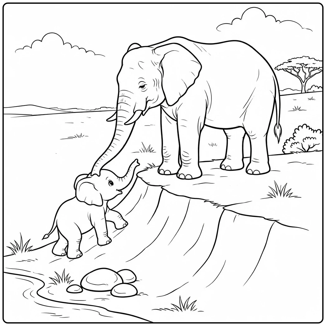 Mother elephant reaches down to help her calf climb a steep riverbank