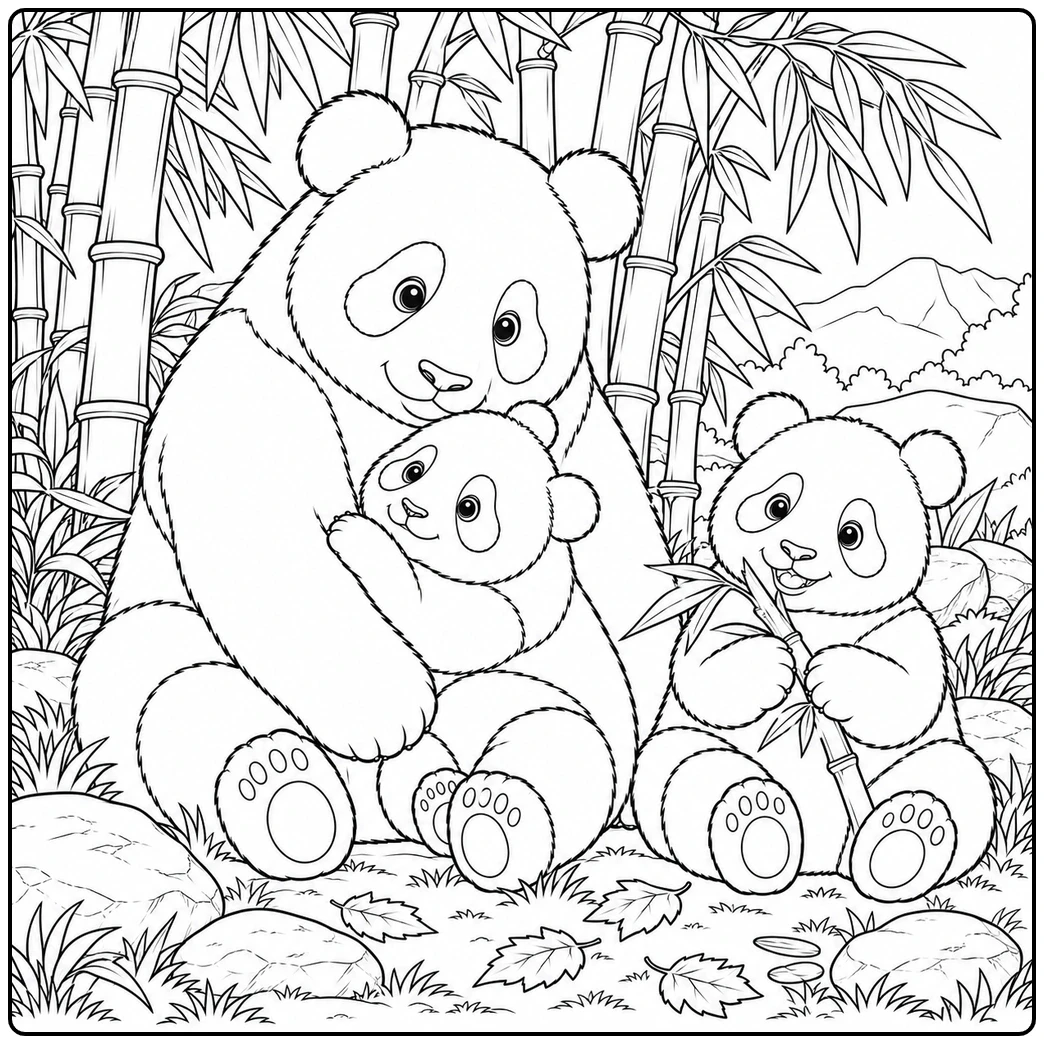 Mother panda hugging her small cub while another baby eats bamboo in the forest.