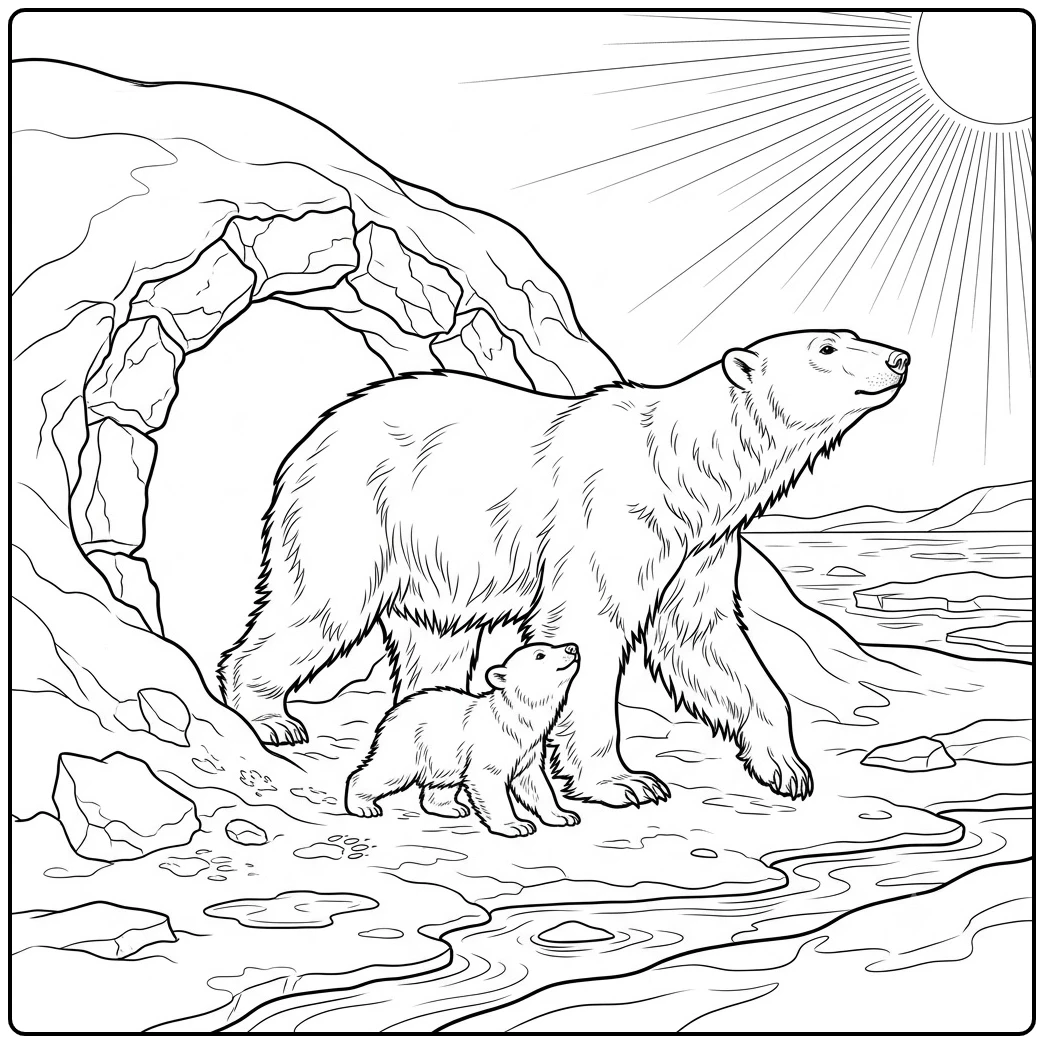 Mother and cub leave a snowy den in this polar bear coloring page beneath the spring sun