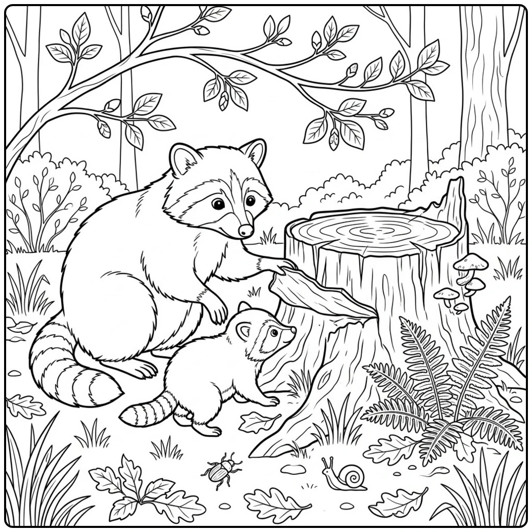 Mother and baby inspect loose stump bark in a spring racoon coloring page