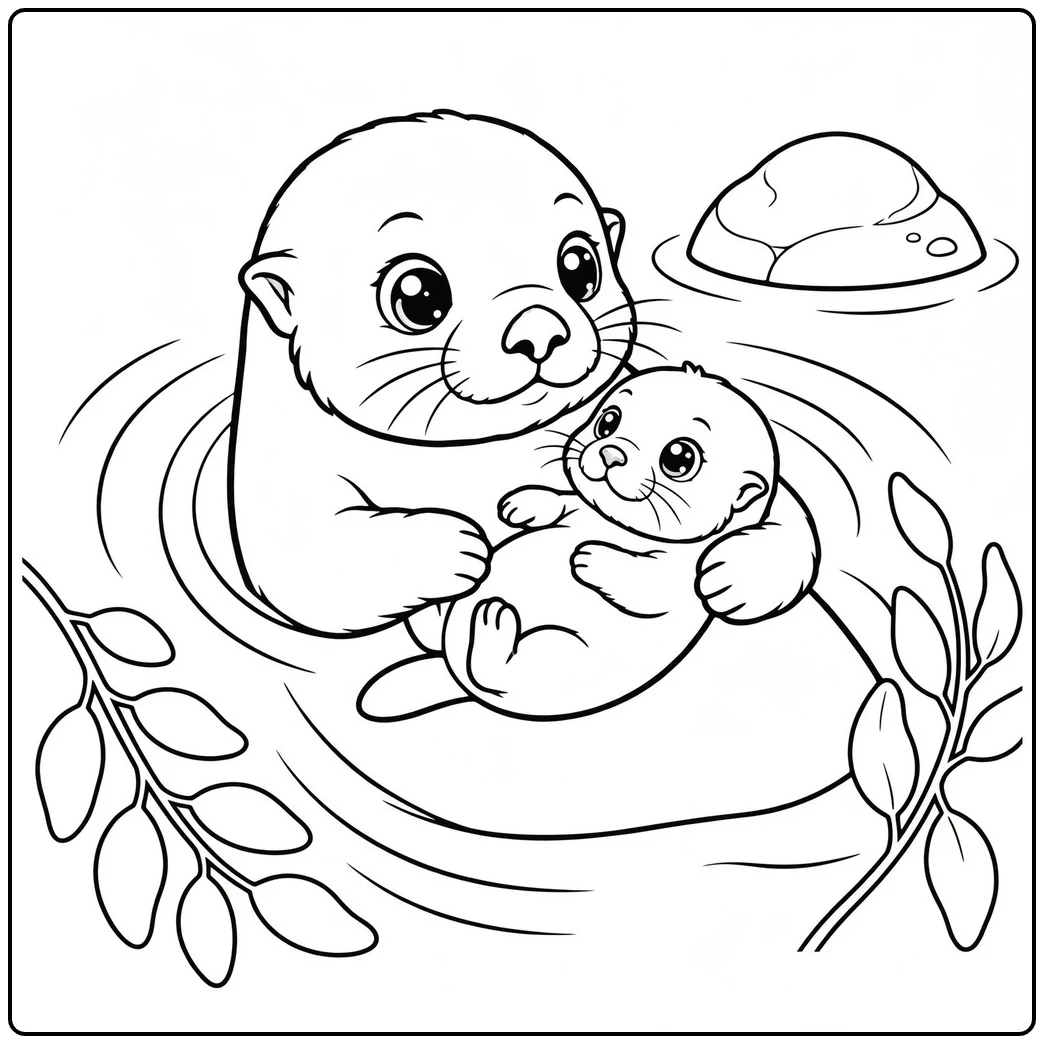 Mother sea otter cradles her baby while floating among kelp and gentle water ripples.