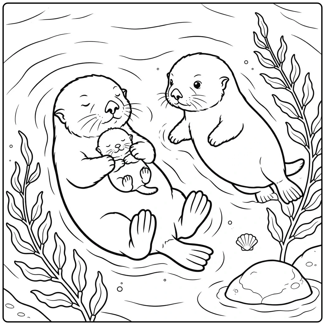 A mother supports her newborn in this otter coloring page featuring a second adult.